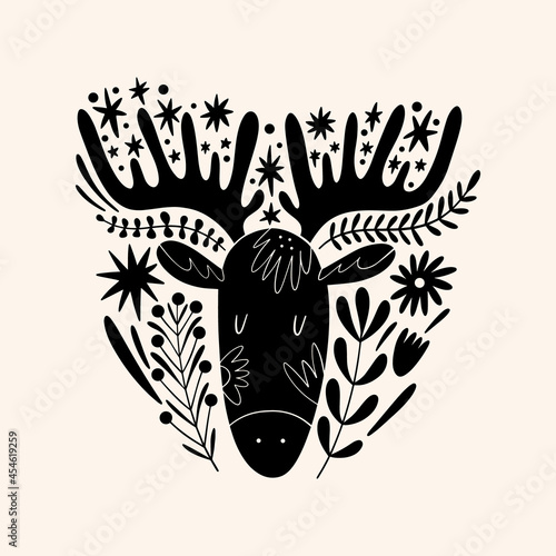 Moose or deer woodland animal drawing in ornate rural folk scandinavian style.