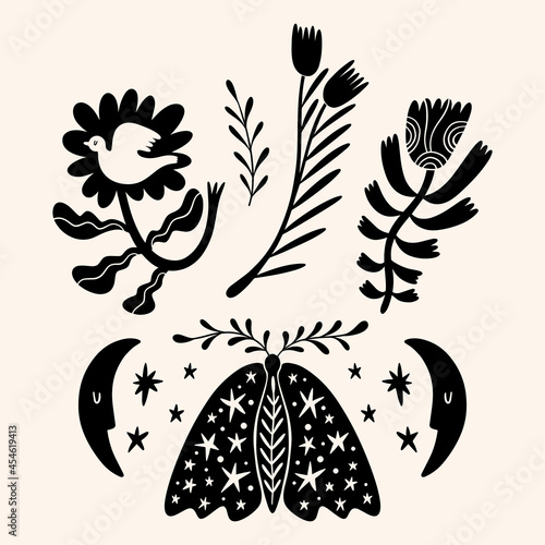 Night moth cute illustration art print, ornate butterfly.