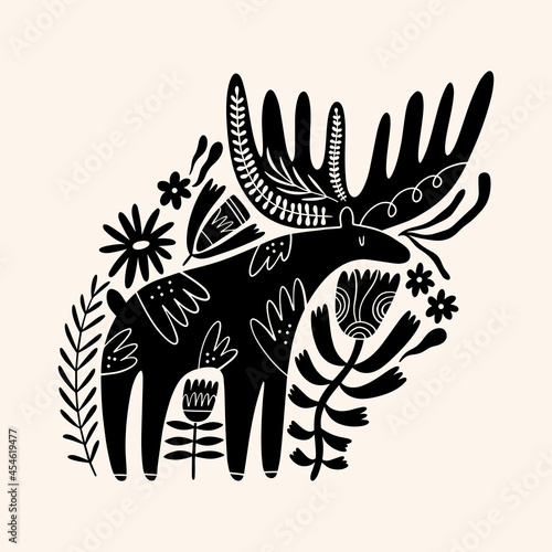 Moose or deer woodland animal drawing in ornate rural folk scandinavian style.