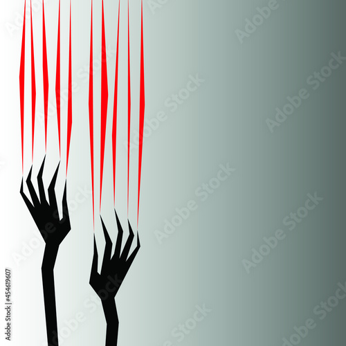 Square vector postcard - black silhouettes of bony hands with claws with traces of blood and space for copying. Concept-Halloween and horror