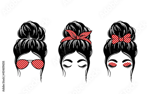 woman face with messy hair in a bun and long eyelashes. Mom life cutfile. vector illustration