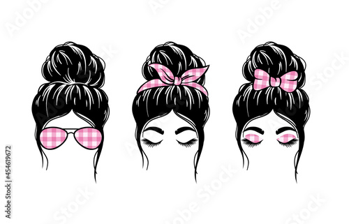 woman face with messy hair in a bun and long eyelashes. Mom life cutfile. vector illustration