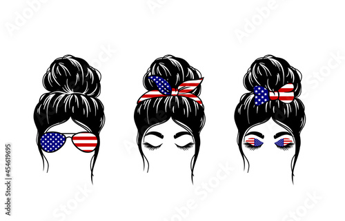 woman face with messy hair in a bun and long eyelashes. Mom life cutfile. vector illustration