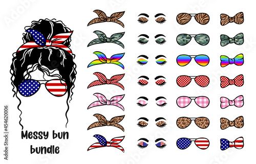 woman face with messy hair in a bun and long eyelashes. Mom life cutfile. vector illustration