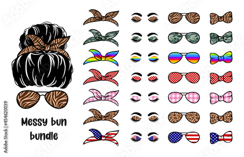 woman face with messy hair in a bun and long eyelashes. Mom life cutfile. vector illustration