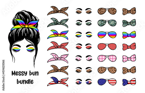 woman face with messy hair in a bun and long eyelashes. Mom life cutfile. vector illustration
