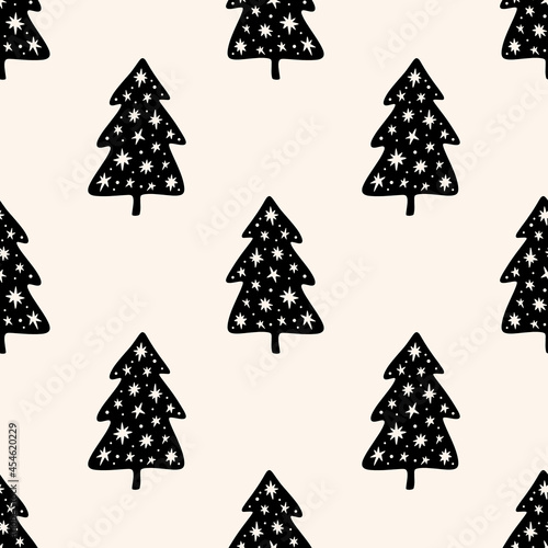 Christmas tree elm simple scandi seamless pattern design. Graphic trees shapes, minimal Noel decor.