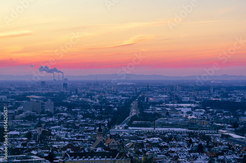 aerial view of the city Karlsruhe at sunset in winter