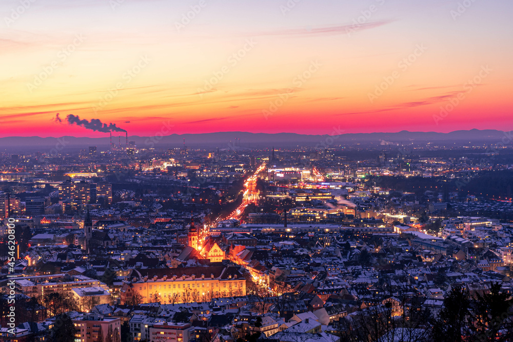aerial view of the city Karlsruhe at sunset in winter