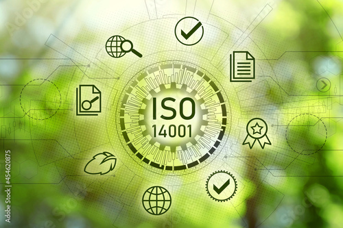 International Organization for Standardization (ISO 14001). Different virtual icons on blurred green background photo