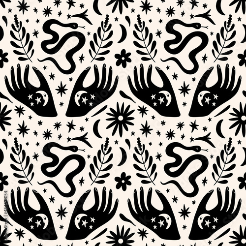 Boho snakes seamless pattern design, art print. Black minimalist graphic contour.