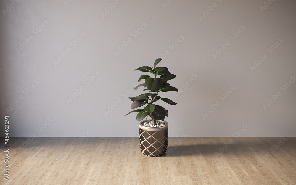 Fototapeta premium Interior with decorative indoor plants on empty wall background, 3D illustration, cg render