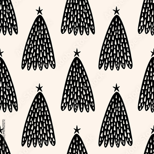 Christmas tree elm simple scandi seamless pattern design. Graphic trees shapes, minimal Noel decor.