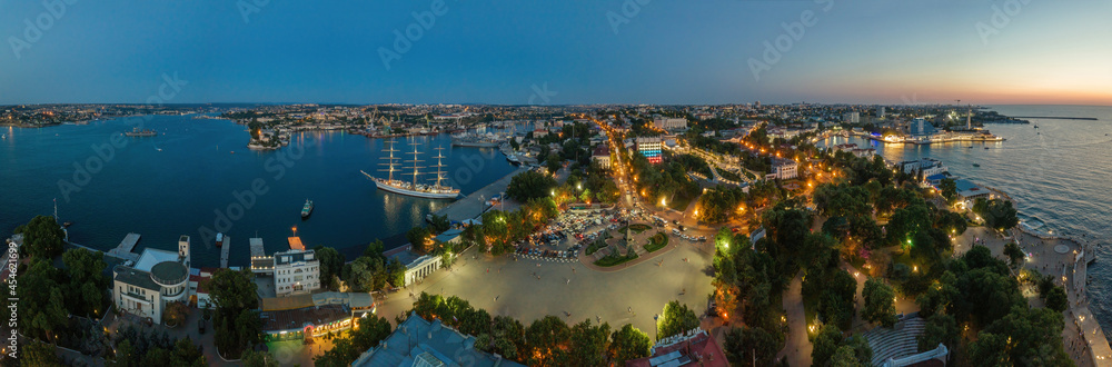 Evening Sevastopol panorama, aerial view of the Sevastopol bay and Nakhimov square