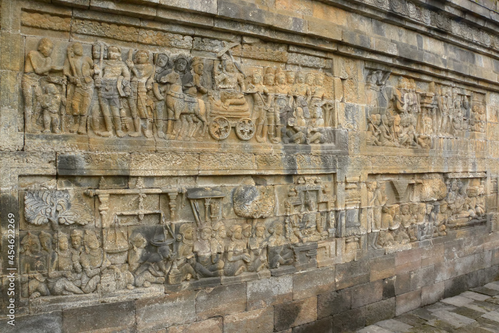 Reliefs on the wall of the Borobudur temple, Indonesia