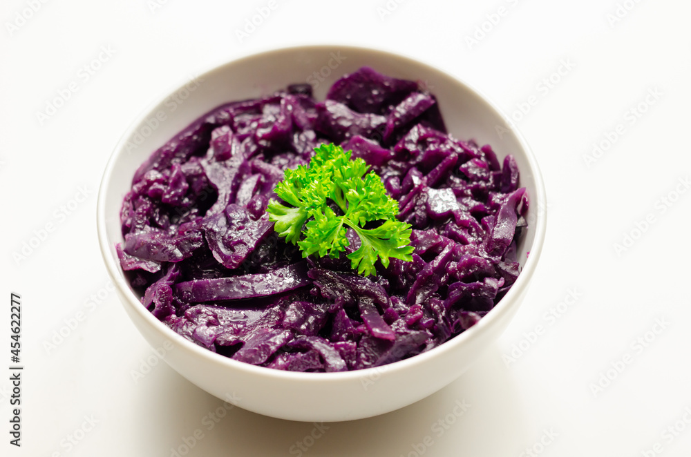 Red cabbage with apple puree, onion, red wine vinegar and redcurrant jelly Red cabbage with apple puree, onion, red wine vinegar and redcurrant jelly