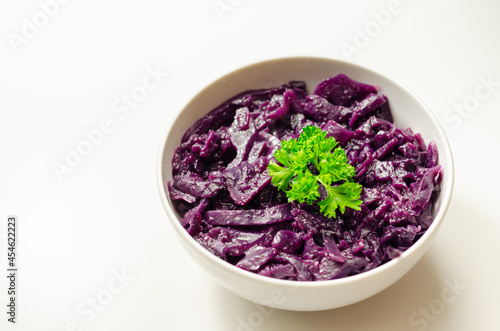 Red cabbage with apple puree, onion, red wine vinegar and redcurrant jelly