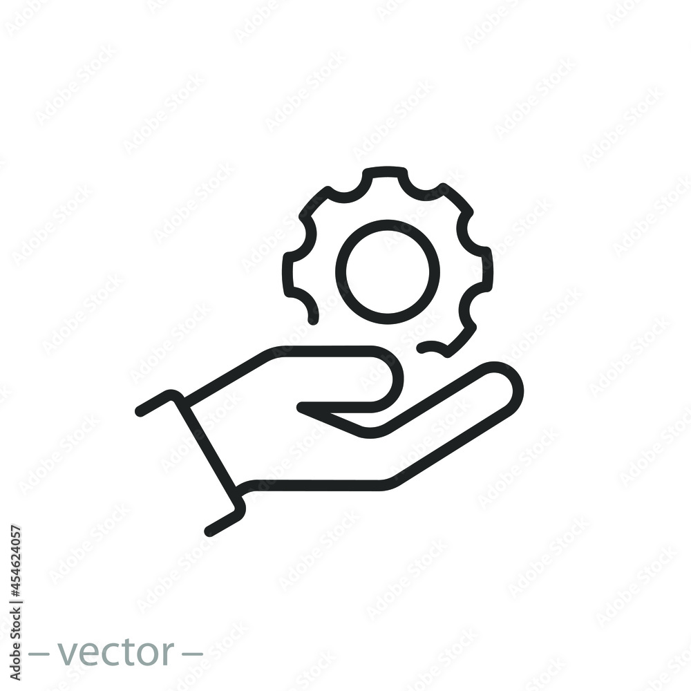 gear in hand icon, industry development system, setting or install update, control service, thin line symbol on white background - editable stroke vector illustration gear in hand icon, industry development system, setting or install update, control service, thin line symbol on white background - editable stroke vector illustration