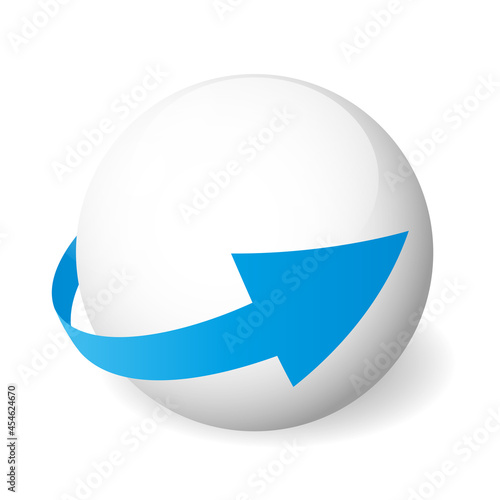 Loop circle arrow icon around sphere. Abstract symbol. Simple 3D vector sign with dropped shadow.