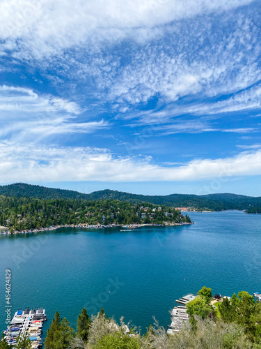 Overhead view looking over Mountain Lake arrowhead Southern California with blue skies and cloudscape