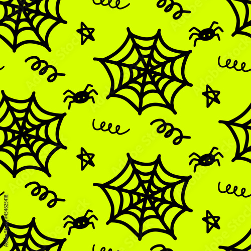 Vector halloween seamless pattern of spider web, spider, curls, stars. Funny and cute illustration for seasonal design, textile, decoration kids playroom or greeting card. Hand drawn prints and doodle
