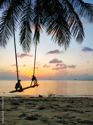 A swing hangs on a palm tree on a tropical sandy beach by the ocean. Sunset on the beach