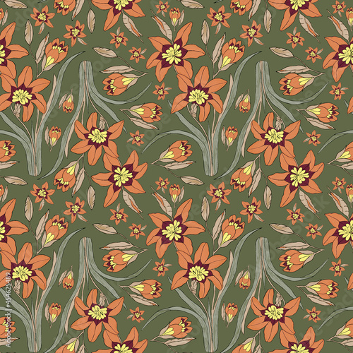 Seamless botanical green pattern with orange flowers
