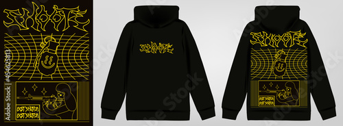 Abstract poster shooter. Stylish sweatshirt with a hood in Acid Graphic style, trendy streetwear with lettering, vector illustration