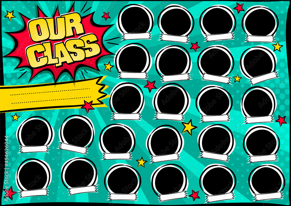 Our class photo frame in pop art style. Bright page for class photos