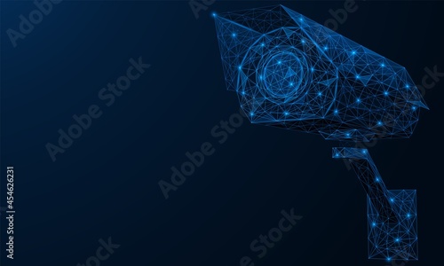 A video surveillance camera. A visual security monitoring device. Polygonal construction of lines and points. Blue background.