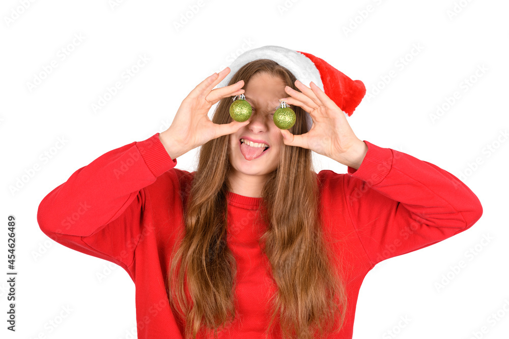Portrait of crazy cool cheerful positive optimistic pretty woman in red sweater and santa hat with balls over her eyes isolated on white background, Christmas emotion: joy, surprised, sale banner Portrait of crazy cool cheerful positive optimistic pretty woman in red sweater and santa hat with balls over her eyes isolated on white background, Christmas emotion: joy, surprised, sale banner