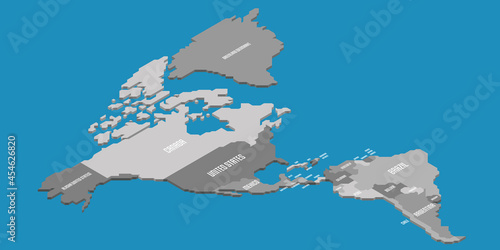 Isometric political map of Americas. Grey land with country name labels on blue sea and ocean background. 3D vector illustration
