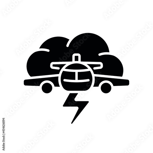 Bad weather with airplane glyph icon. Aviation. Vector fill black illustration.