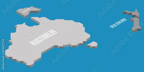 Isometric political map of Australia. Grey land with country name labels on blue sea and ocean background. 3D vector illustration