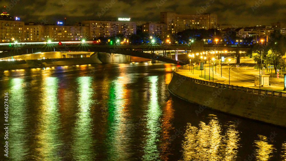 Moscow night road and bridges landscape with green and pink lights