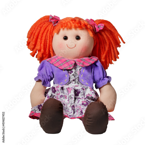 Fotobehang Curly cute rag doll toy smile and sit isolated on white studio shot
