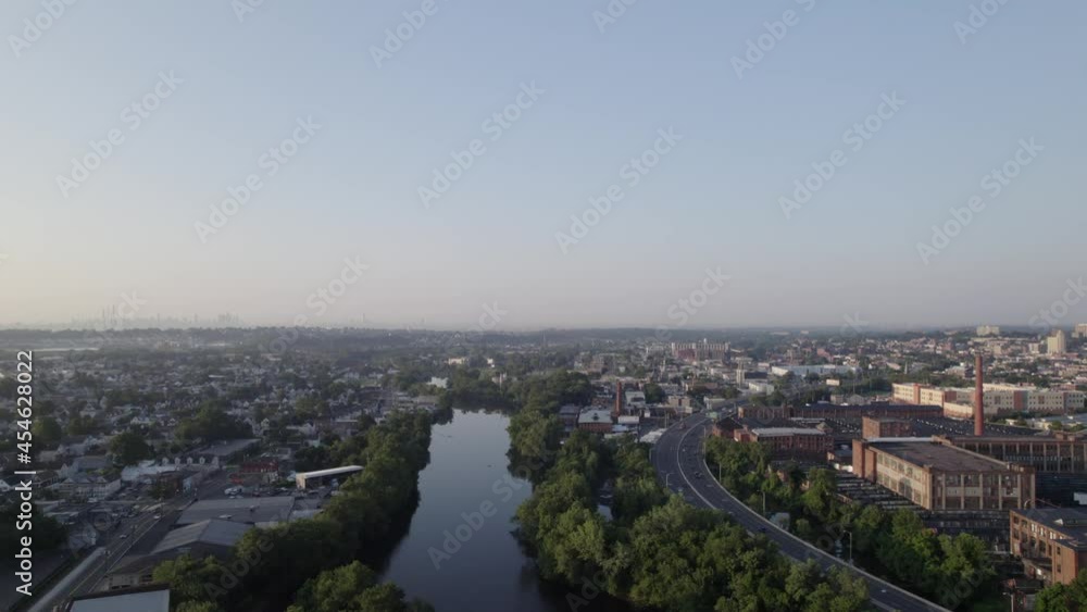 Drone flying high towards beautiful misty horizon New York Drone flying high towards beautiful misty horizon New York