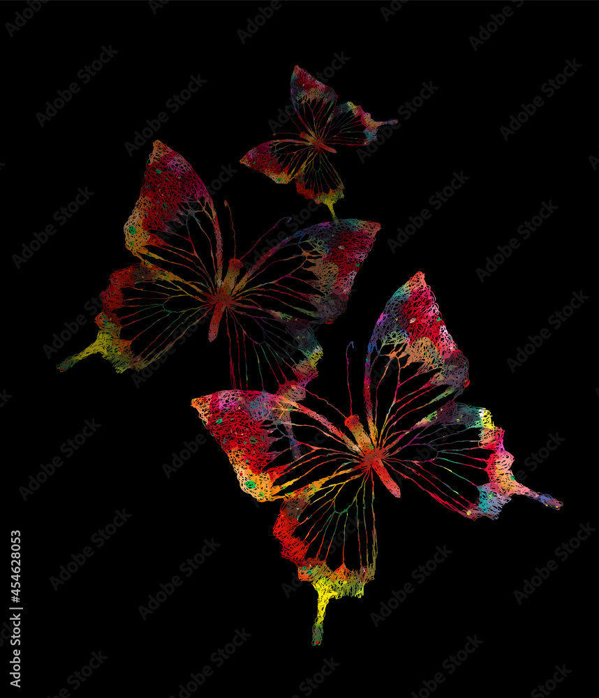 Abstraction multicolored butterflies. Multi-colored blots. Mixed media. Vector illustration