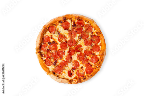 Tasty paperoni pizza isolated on white. Top view on paperoni pizza. Concept for italian food, street food, fast food, quick bite