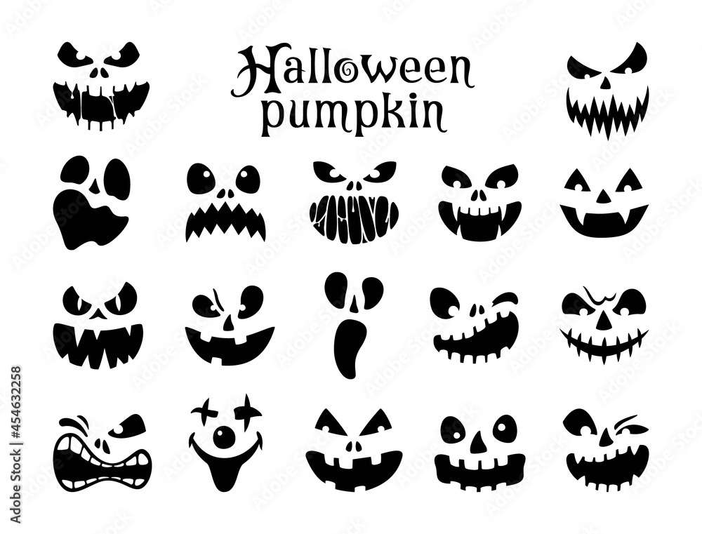 Set of scary and funny faces of Halloween pumpkin isolated on white background. Halloween Masks. Smiling faces. Pumpkin smile. Vector. Set of scary and funny faces of Halloween pumpkin isolated on white background. Halloween Masks. Smiling faces. Pumpkin smile. Vector.