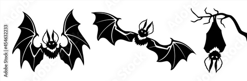 Black silhouettes of bats set on white background. Set of black halloween holiday silhouette elements of bats. Black creepy flying bats. Concept of happy halloween. vector.