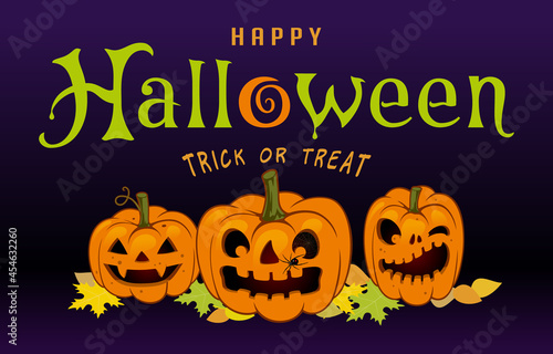 Happy Halloween lettering with three pumpkins and a spider, vector calligraphy. Trick or treat lettering. for flyer, poster, greeting card, banner.