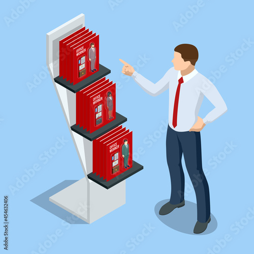 Isometric hiring and recruitment concept for web page, banner, presentation. Outsource Office workers. Job interview, recruitment agency