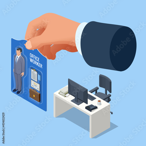 Isometric hiring and recruitment concept for web page, banner, presentation. Outsource Office workers. Job interview, recruitment agency