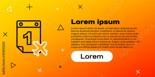 Line Travel planning calendar and airplane icon isolated on yellow background. A planned holiday trip. Colorful outline concept. Vector