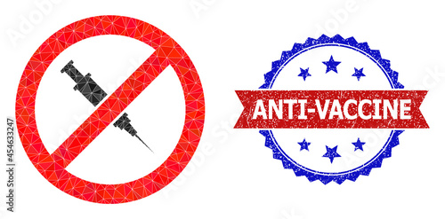 Lowpoly stop vaccine polygonal 2d illustration, and grunge bicolor rosette stamp, in red and blue colors. Mosaic stop vaccine is formed of chaotic color triangles.