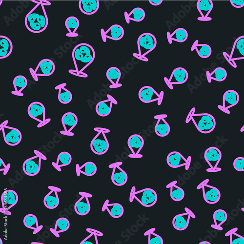 Line Vegan food diet icon isolated seamless pattern on black background. Organic, bio, eco symbol. Vegan, no meat, lactose free, healthy, fresh and nonviolent food. Vector