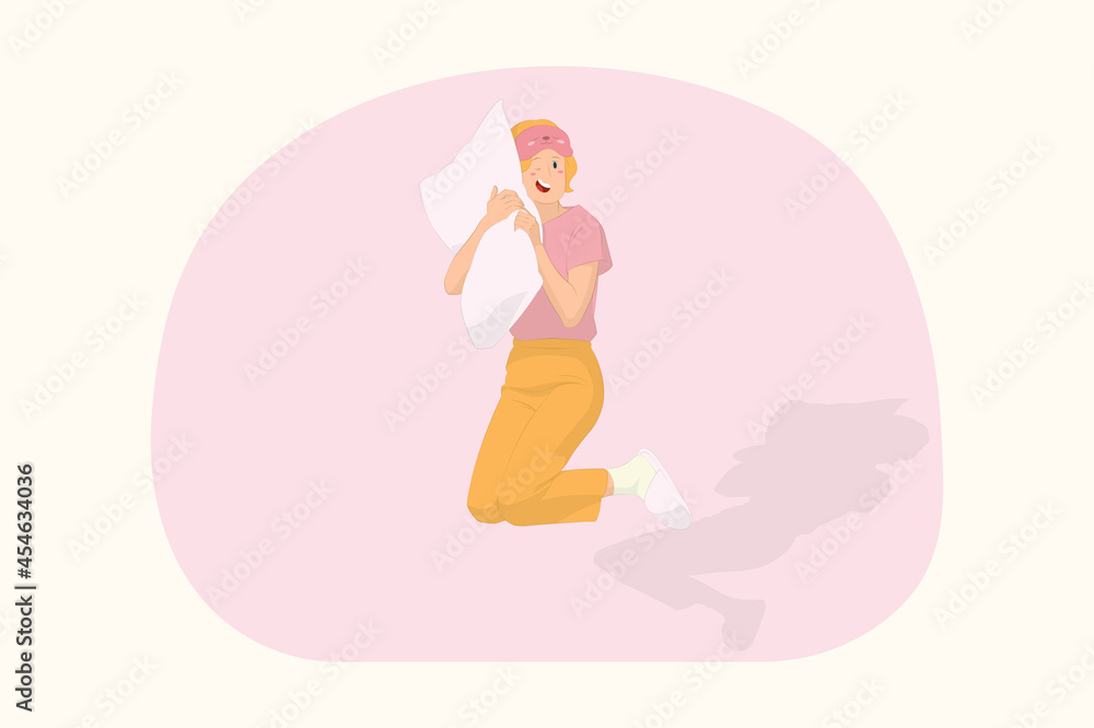 Young sleeping happy woman relaxing at home jump high sleep on pillow concept Young sleeping happy woman relaxing at home jump high sleep on pillow concept