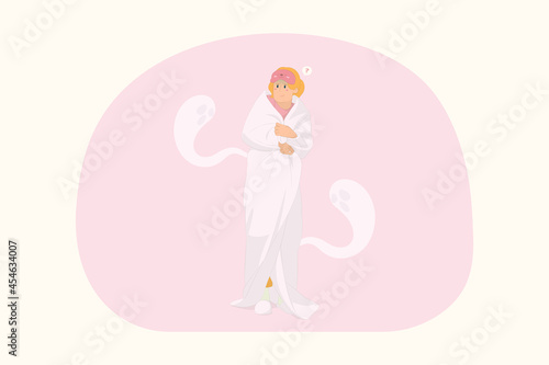 Young scared worry woman relaxing at home wrap covered under blanket duvet concept