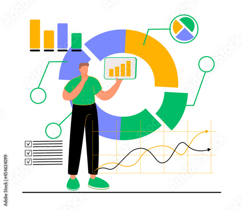 Investment asset allocation and rebalance concept, businessman investor or financial planner standing on ladder to arrange pie chart as rebalancing investment portfolio to suitable for risk and return